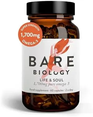 Bare Biology 1,700mg Omega-3 Super-Strength Fish Oil - Life & Soul Daily Omega 3 Capsules (1 Month Supply - 60 Capsules) 1,100mg EPA and 500mg DHA, Supports Heart, Brain Function & Eye Health