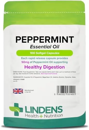 Peppermint Oil 50mg Capsules - 100 Pack - UK Made - Essential Oil of Peppermint Supporting Healthy Digestion - Letterbox Friendly