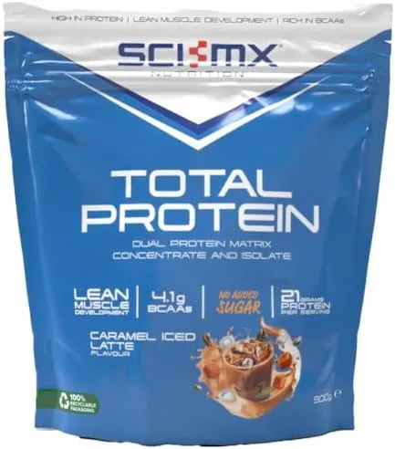 SCI-MX Total Protein - Concentrate & Isolate Protein Powder - Lean Muscle Development - Caramel Iced Late • No Added Sugar • 4.2g BCAAs + 21g Protein per Serving • 900g