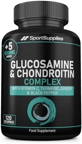 Glucosamine and Chondroitin High Strength Plus 5 Vitamins - 120 Complex Capsules 1,000mg (Providing 530mg Base) - Chondroitin 200mg - Added Turmeric, Ginger, Black Pepper, Vitamin C, B6, B1, D3 & B12