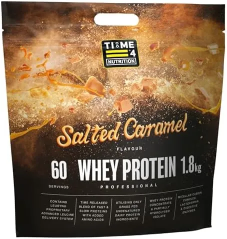 Time 4 Nutrition Whey Protein Professional Time Release Grass Fed Native Whey Protein Concentrate, Partially Hydrolysed Isolate & Micellar Casein (Salted Caramel, 1.8kg Bag)