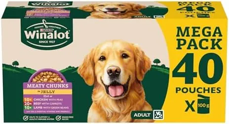 WINALOT Meaty Chunks Adult Wet Dog Food Mixed in Jelly Beef, Chicken, Lamb 40x100g Pouches